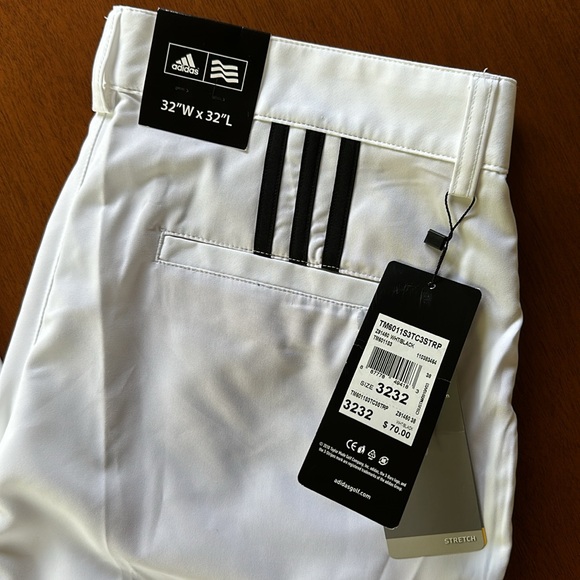 NWT men’s adidas climalite golf pants, size 32x32, white w black stripes & logo. - Picture 2 of 4